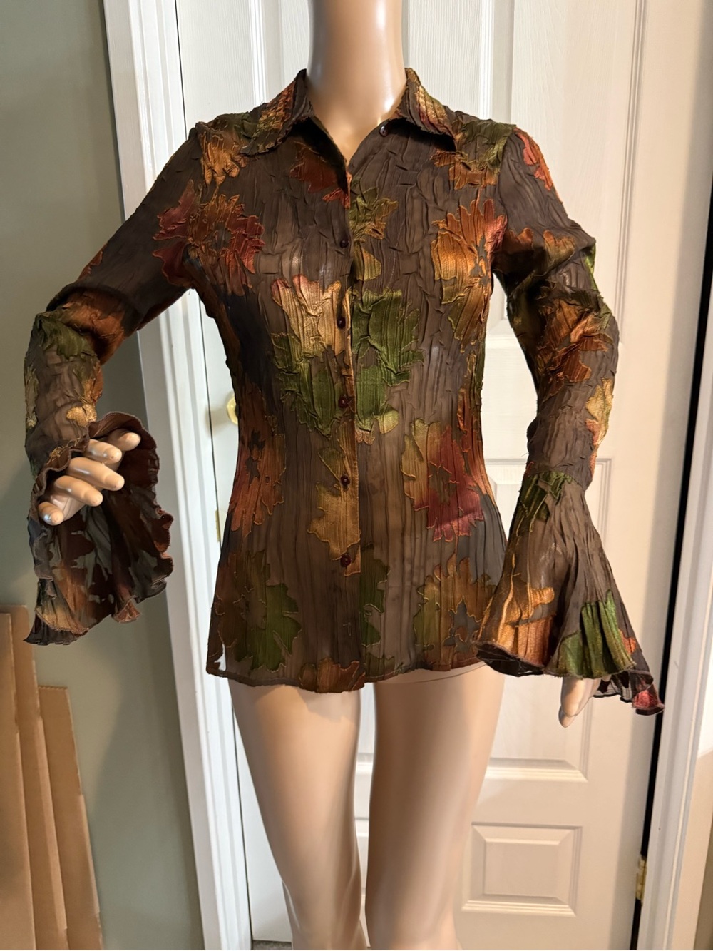 Komarov Charmeuse Crinkle Blouse S Button Flare Sleeves Fall Colors Romantic